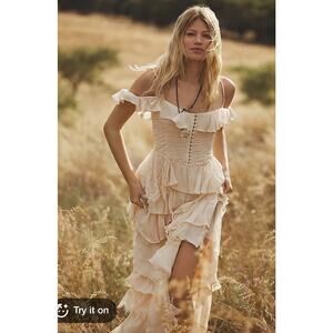 By Anthropologie Corset Tiered Lace Ruffle Maxi in Ivory Dress Medium $268